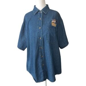 Vintage 80s Haiks Denim Button Down Short Sleeve Flag Patriotic Shirt